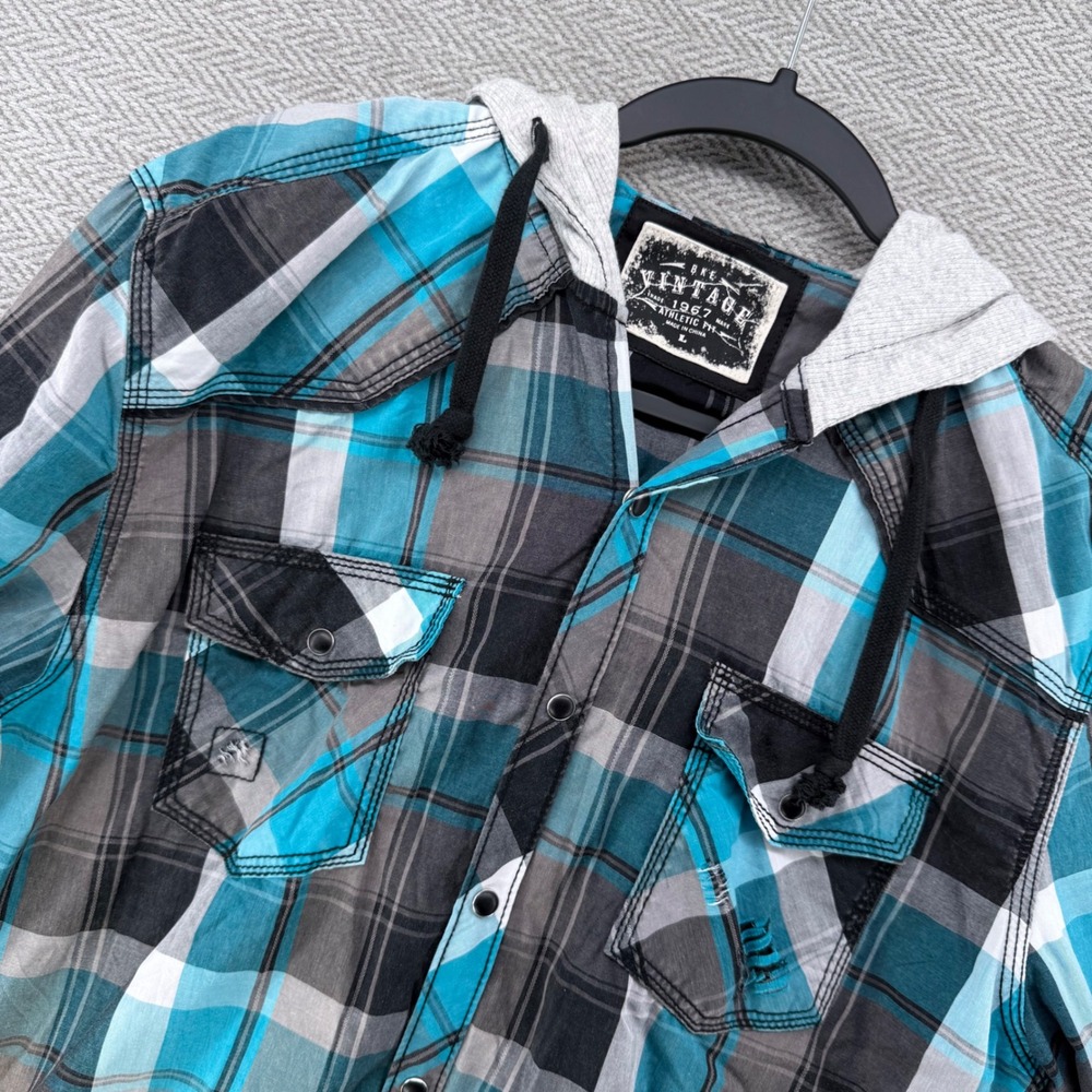 BKE Vintage Hooded Flannel Shirt Large Blue Plaid Cotton Athletic Fit Western